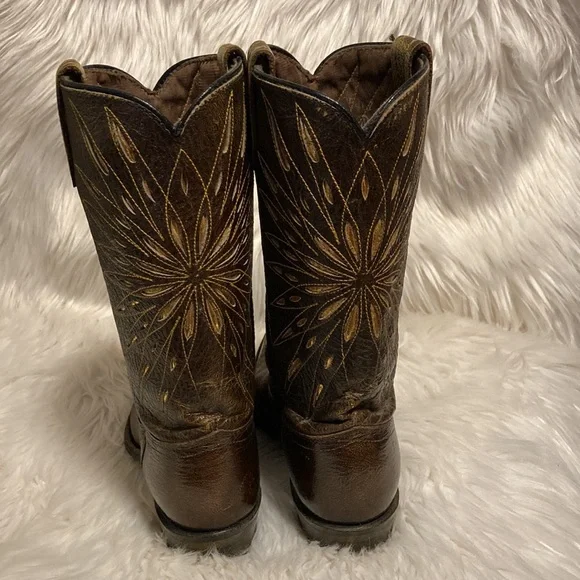 SOLD ❌Vintage ACME - Cowboy Boots Brown Leather w Gold Design Narrow Cowgirl - Picture 6 of 13